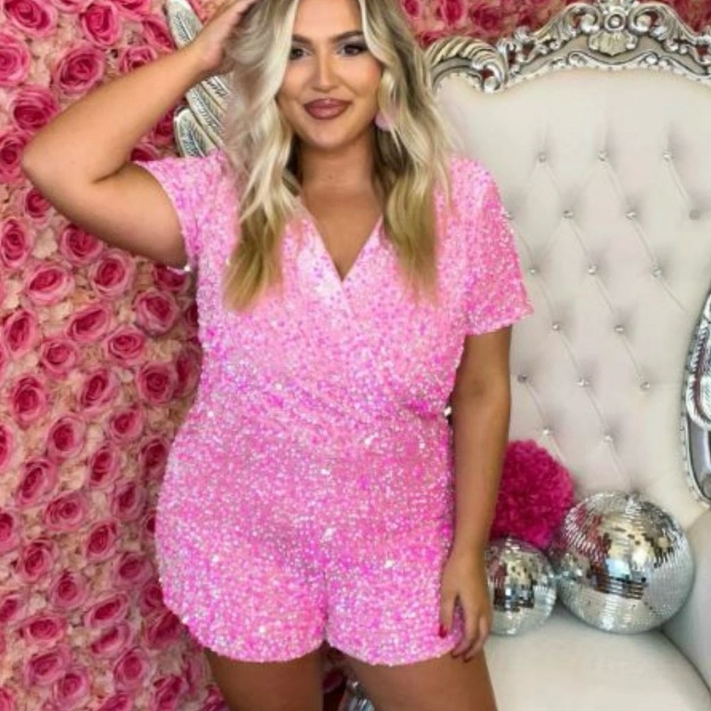 Pink Sequin V-Neck Short Sleeve Romper